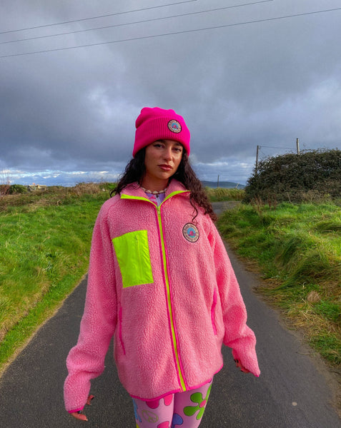 Candyfloss Pink Fleece with Yellow pockets and zips