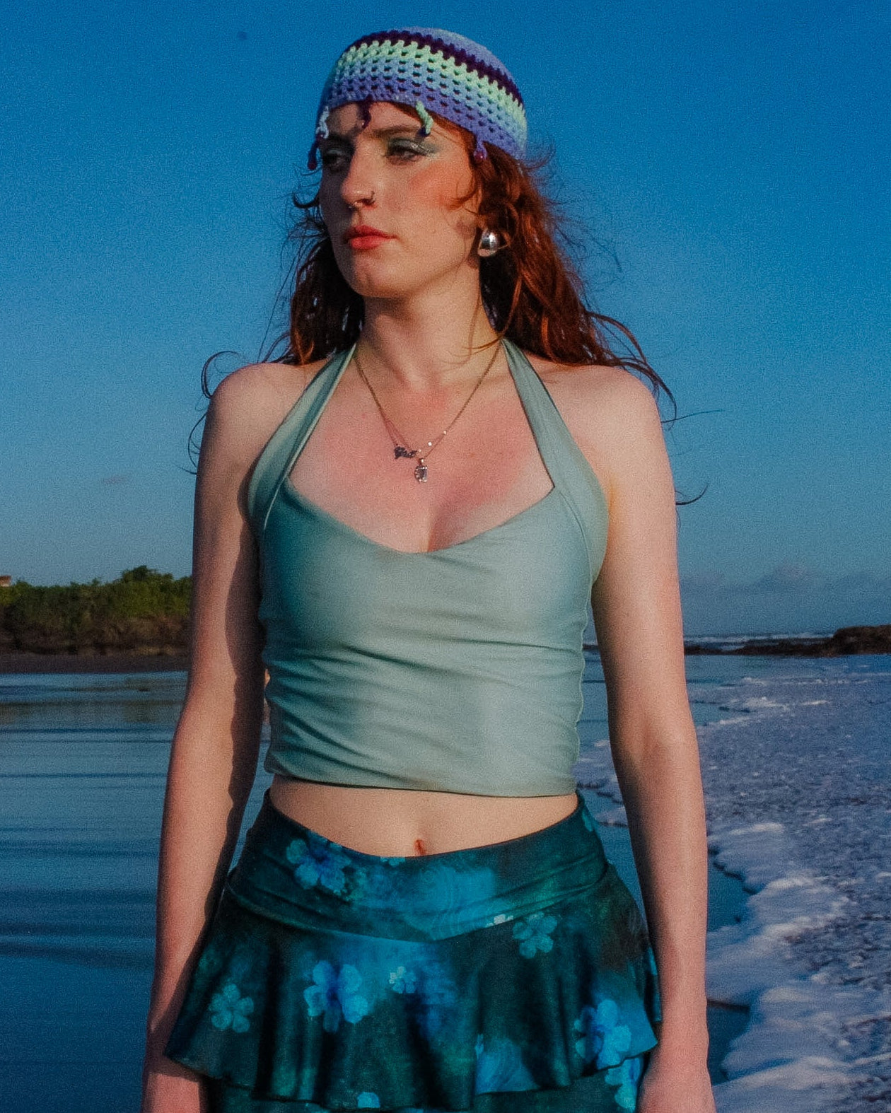 Loinnir - Ocean Blue & Sage Green Reversible Halter Neck Top (Pre-Order)