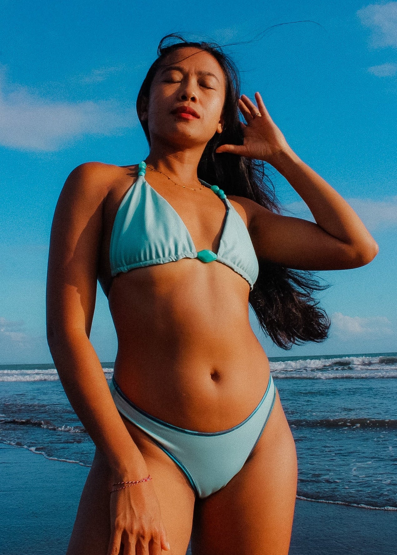 Loinnir - Ocean blue and Sage Green Reversible Bikini Top With Beading Detail (Pre-order)