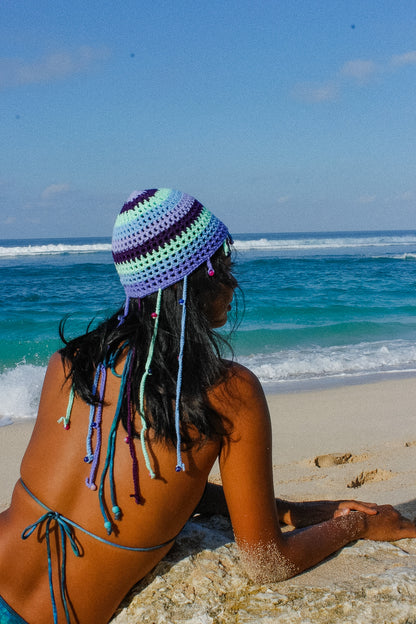 Loinnir - Blue and Purple Crochet Skull Cap with Beads